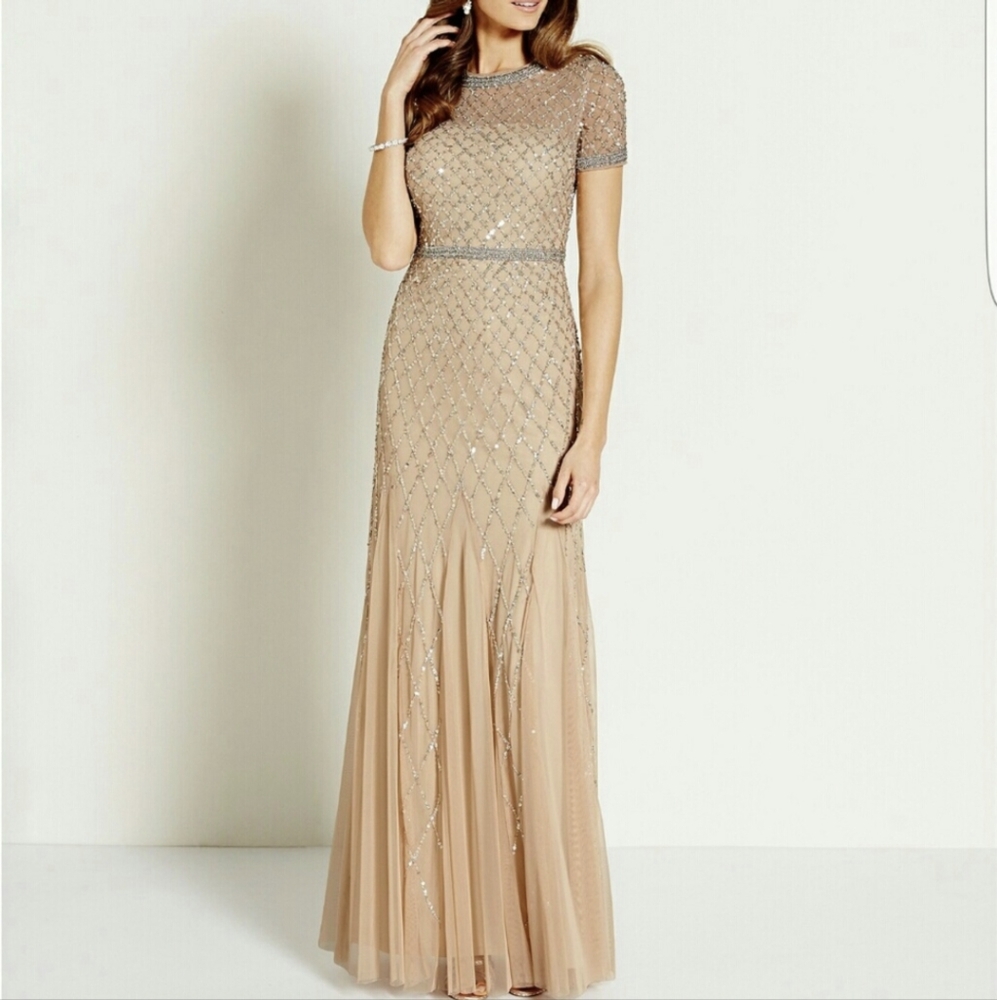 Adrianna Papell Short Sleeve Grid Beaded Gown